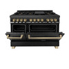 ZLINE Autograph Edition 4-Piece Appliance Package - 48-Inch Dual Fuel Range, Refrigerator with Water Dispenser, Wall Mounted Range Hood, & 24-Inch Tall Tub Dishwasher in Black Stainless Steel with Champagne Bronze Trim (4KAPR-RABRHDWV48-CB)