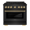 ZLINE Autograph Edition 4-Piece Appliance Package - 36-Inch Gas Range, Refrigerator, Wall Mounted Range Hood, & 24-Inch Tall Tub Dishwasher in Black Stainless Steel with Champagne Bronze Trim (4AKPR-SGRBRHDWV36-CB)