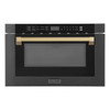 ZLINE 5-Piece Appliance Package - 48-Inch Dual Fuel Range, Hood, Refrigerator with Water Dispenser, Dishwasher, and Microwave Drawer in Black Stainless Steel with Champagne Bronze Accents
