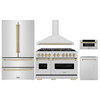ZLINE 5-Piece Appliance Package - 48-Inch Dual Fuel Range, Hood, Refrigerator, Dishwasher, and Microwave Drawer in Stainless Steel with Champagne Bronze Accents