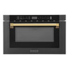 ZLINE 5-Piece Appliance Package - 48-Inch Gas Range, Hood, Refrigerator, Dishwasher, and Microwave Drawer in Black Stainless Steel with Gold Accents