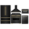 ZLINE 5-Piece Appliance Package - 36-Inch Gas Range, Hood, Refrigerator, Dishwasher, and Microwave Drawer in Black Stainless Steel with Gold Accents