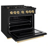 ZLINE 5-Piece Appliance Package - 36-Inch Gas Range, Hood, Refrigerator, Dishwasher, and Microwave Drawer in Black Stainless Steel with Gold Accents