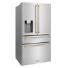 ZLINE Autograph Edition 4-Piece Appliance Package - 48-Inch Gas Range, Refrigerator with Water Dispenser, Wall Mounted Range Hood, & 24-Inch Tall Tub Dishwasher in Stainless Steel with Champagne Bronze Trim (4KAPR-SGRRHDWM48-CB)