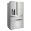 ZLINE Autograph Edition 4-Piece Appliance Package - 48-Inch Stainless Steel Gas Range, Refrigerator with Water Dispenser, Wall Mounted Range Hood, & 24-Inch Tall Tub Dishwasher in White Matte and Gold Accents (4AKPR-SGRWMRHDWM48-G)