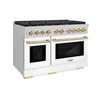 ZLINE Autograph Edition 4-Piece Appliance Package - 48-Inch Stainless Steel Gas Range, Refrigerator with Water Dispenser, Wall Mounted Range Hood, & 24-Inch Tall Tub Dishwasher in White Matte and Gold Accents (4AKPR-SGRWMRHDWM48-G)