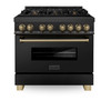 ZLINE Autograph Edition 3-Piece Appliance Package - 36-Inch Dual Fuel Range, Wall Mounted Range Hood, & 24-Inch Tall Tub Dishwasher in Black Stainless Steel with Champagne Bronze Trim (3AKP-RABRHDWV36-CB)
