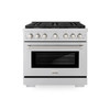 ZLINE 4-Piece Appliance Package - 36-Inch Gas Range, Refrigerator with Water Dispenser, Convertible Wall Mount Hood, and Microwave Oven in Stainless Steel (4KPRW-SGRRH36-MWO)
