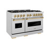ZLINE 4-Piece Appliance Package - 48-Inch Dual Fuel Range, Hood, Refrigerator with Water Dispenser, and Dishwasher in Stainless Steel with Champagne Bronze Accents