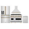 ZLINE 4-Piece Appliance Package - 48-Inch Dual Fuel Range, Hood, Refrigerator with Water Dispenser, and Dishwasher in Stainless Steel with Gold Accents