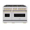 ZLINE 4-Piece Appliance Package - 48-Inch Dual Fuel Range, Hood, Refrigerator with Water Dispenser, and Dishwasher in Stainless Steel with Gold Accents