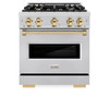 ZLINE 4-Piece Appliance Package - 30-Inch Gas Range, Hood, Refrigerator with Water Dispenser, and Dishwasher in Stainless Steel with Gold Accents