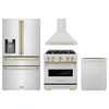 ZLINE 4-Piece Appliance Package - 30-Inch Gas Range, Hood, Refrigerator with Water Dispenser, and Dishwasher in Stainless Steel with Gold Accents