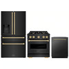 ZLINE 3-Piece Appliance Package - 30-Inch Gas Range, Refrigerator with Water Dispenser, and Dishwasher in Black Stainless Steel with Champagne Bronze Accents