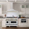 ZLINE 4-Piece Appliance Package - 48-Inch Gas Range, Hood, Refrigerator, and Dishwasher in Stainless Steel with Champagne Bronze Accents