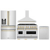 ZLINE 4-Piece Appliance Package - 48-Inch Gas Range, Hood, Refrigerator with Water Dispenser, and Dishwasher in Stainless Steel with Gold Accents