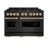 ZLINE 3-Piece Appliance Package - 48-Inch Gas Range, Refrigerator, and Dishwasher in Black Stainless Steel with Gold Accents