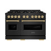 ZLINE 4-Piece Appliance Package - 48-Inch Gas Range, Hood, Refrigerator with Water Dispenser, and Dishwasher in Black Stainless Steel with Champagne Bronze Accents