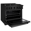 ZLINE 4-Piece Appliance Package - 36-Inch Gas Range, Hood, Refrigerator with Water Dispenser, and Dishwasher in Black Stainless Steel