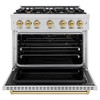 ZLINE 3-Piece Appliance Package - 36-Inch Gas Range, Refrigerator with Water Dispenser, and Dishwasher in Stainless Steel with Champagne Bronze Accents