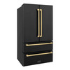 ZLINE 4-Piece Appliance Package - 36-Inch Gas Range, Hood, Refrigerator, and Dishwasher in Black Stainless Steel with Gold Accents