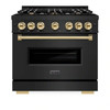 ZLINE 4-Piece Appliance Package - 36-Inch Gas Range, Hood, Refrigerator, and Dishwasher in Black Stainless Steel with Gold Accents