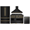 ZLINE 4-Piece Appliance Package - 48-Inch Gas Range, Hood, Refrigerator, and Dishwasher in Black Stainless Steel with Champagne Bronze Accents