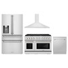 ZLINE 4-Piece Appliance Package - 48-Inch Gas Range, Refrigerator with Water Dispenser, Convertible Wall Mount Hood, and 3-Rack Dishwasher in Stainless Steel (4KPRW-SGRRH48-DWV)