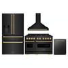 ZLINE 4-Piece Appliance Package - 48-Inch Dual Fuel Range, Hood, Refrigerator with Water Dispenser, and Dishwasher in Black Stainless Steel with Champagne Bronze Accents