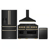 ZLINE 4-Piece Appliance Package - 48-Inch Gas Range, Hood, Refrigerator with Water Dispenser, and Dishwasher in Black Stainless Steel with Gold Accents