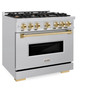 ZLINE 3-Piece Appliance Package - 36-Inch Dual Fuel Range, Refrigerator with Water Dispenser, and Dishwasher in Stainless Steel with Gold Accents
