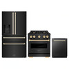 ZLINE 3-Piece Appliance Package - 30-Inch Gas Range, Refrigerator with Water Dispenser, and Dishwasher in Black Stainless Steel with Gold Accents