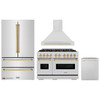 ZLINE 4-Piece Appliance Package - 48-Inch Dual Fuel Range, Hood, Refrigerator, and Dishwasher in Stainless Steel with Gold Accents