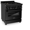 ZLINE 4-Piece Appliance Package - 30-Inch Dual Fuel Range with Brass Burners, Refrigerator, Microwave Drawer, and 3-Rack Dishwasher in Black Stainless Steel