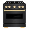 ZLINE 3-Piece Appliance Package - 30-Inch Dual Fuel Range, Refrigerator with Water Dispenser, and Dishwasher in Black Stainless Steel with Gold Accents
