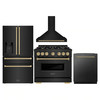ZLINE 4-Piece Appliance Package - 36-Inch Gas Range, Hood, Refrigerator with Water Dispenser, and Dishwasher in Black Stainless Steel with Champagne Bronze Accents