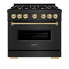 ZLINE 4-Piece Appliance Package - 36-Inch Gas Range, Hood, Refrigerator with Water Dispenser, and Dishwasher in Black Stainless Steel with Champagne Bronze Accents