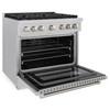 ZLINE 3-Piece Appliance Package - 36-inch Gas Range, Tall Tub Dishwasher & Premium Wall Mount Hood in Satin Stainless Steel (3KP-SGRSRH36-DWV)