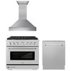 ZLINE 3-Piece Appliance Package - 36-inch Gas Range, Tall Tub Dishwasher & Premium Wall Mount Hood in Satin Stainless Steel (3KP-SGRSRH36-DWV)