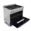 ZLINE 2-Piece Appliance Package - 36-inch Dual Fuel Range with Blue Gloss Door and Convertible Vent Range Hood in Stainless Steel (2KP-RABGRH36)