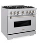 ZLINE 4-Piece Appliance Package - 36-Inch Gas Range, Hood, Refrigerator with Water Dispenser, and Dishwasher in Stainless Steel