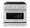 ZLINE 4-Piece Appliance Package - 36-Inch Gas Range, Refrigerator, Convertible Wall Mount Hood, and 3-Rack Dishwasher in Stainless Steel (4KPR-SGRRH36-DWV)