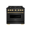 ZLINE 3-Piece Appliance Package - 36-Inch Gas Range, Refrigerator, and Dishwasher in Black Stainless Steel with Champagne Bronze Accents