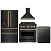 ZLINE 4-Piece Appliance Package - 30-Inch Dual Fuel Range, Hood, Refrigerator with Water Dispenser, and Dishwasher in Black Stainless Steel with Champagne Bronze Accents