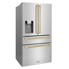 ZLINE 4-Piece Appliance Package - 48-Inch Gas Range, Hood, Refrigerator with Water Dispenser, and Dishwasher in Stainless Steel with Champagne Bronze Accents