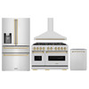 ZLINE 4-Piece Appliance Package - 48-Inch Gas Range, Hood, Refrigerator with Water Dispenser, and Dishwasher in Stainless Steel with Champagne Bronze Accents