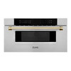 ZLINE 5-Piece Appliance Package - 36-Inch Paramount Dual Fuel Range, Wall Mount Range Hood, 36-Inch French Door Refrigerator with Water Dispenser, Dishwasher, and 30-Inch Microwave Drawer in Stainless Steel with Gold Accents