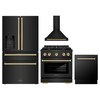 ZLINE 4-Piece Appliance Package - 30-Inch Paramount Dual Fuel Range, Wall Mount Range Hood, 36-Inch French Door Refrigerator with Water Dispenser, Dishwasher, in Black Stainless Steel with Gold Accents