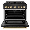 ZLINE 5-Piece Appliance Package - 36-Inch Paramount Gas Range, Wall Mount Range Hood, 36-Inch French Door Refrigerator with Water Dispenser, Dishwasher, and 24-Inch Microwave Drawer in Black Stainless Steel with Gold Accents