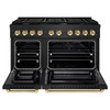 ZLINE 5-Piece Appliance Package - 48-Inch Paramount Dual Fuel Range, Wall Mount Range Hood, 36-Inch French Door Refrigerator, Dishwasher, and 30-Inch Microwave Drawer in Black Stainless Steel with Gold Accents